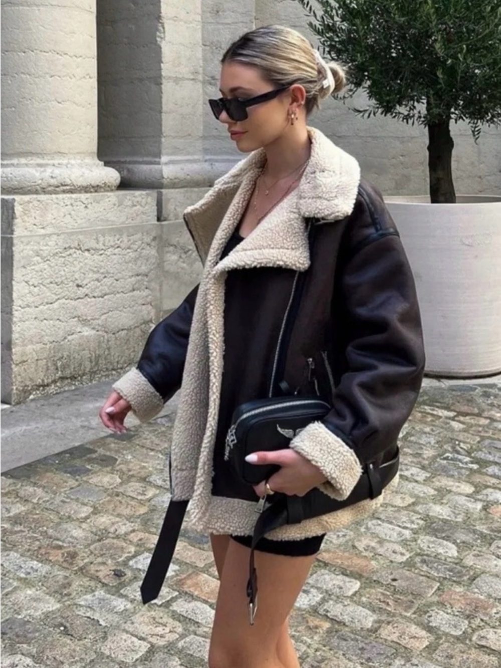 Zara Aviator Sherpa Lined Faux Leather Jacket , Small